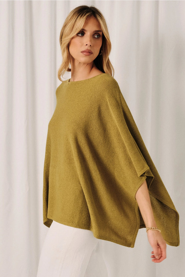 Chartreuse Loose Fit Open Knit Boatneck Layering Cape Sweater