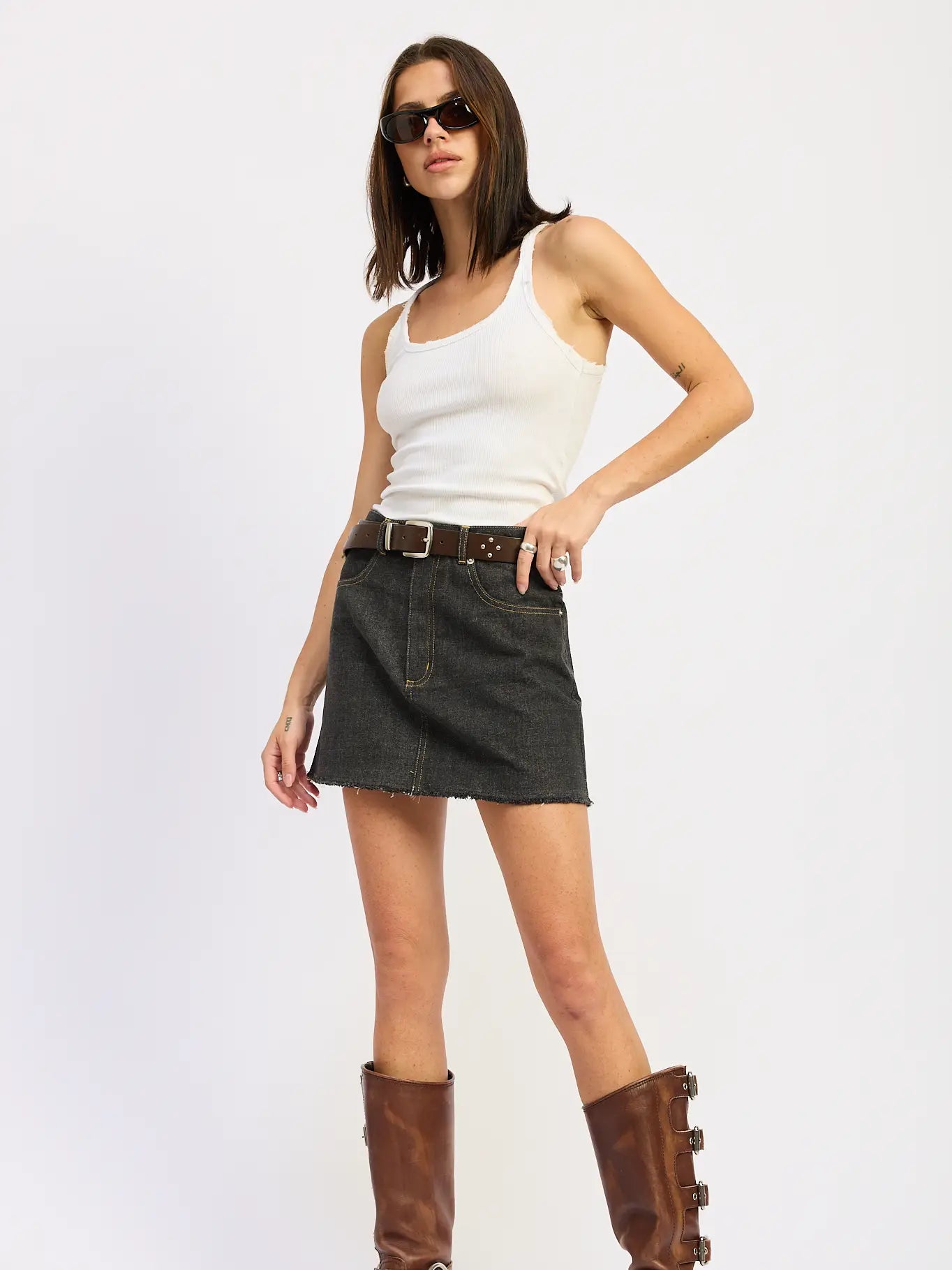 Mix Media Denim Mini Skirt with Pockets