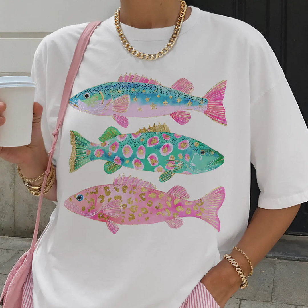 Coastal Preppy Fish Pink Blue Beach Ocean Club Graphic Tee