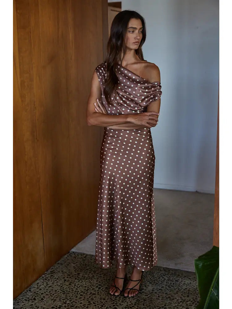 Woven Polyester Satin Polka Dot Cowl Neck Maxi Dress