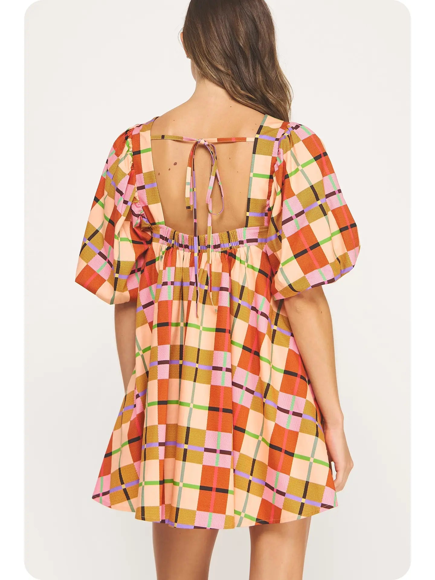 Plaid Puff Short Sleeve Babydoll Mini Dress