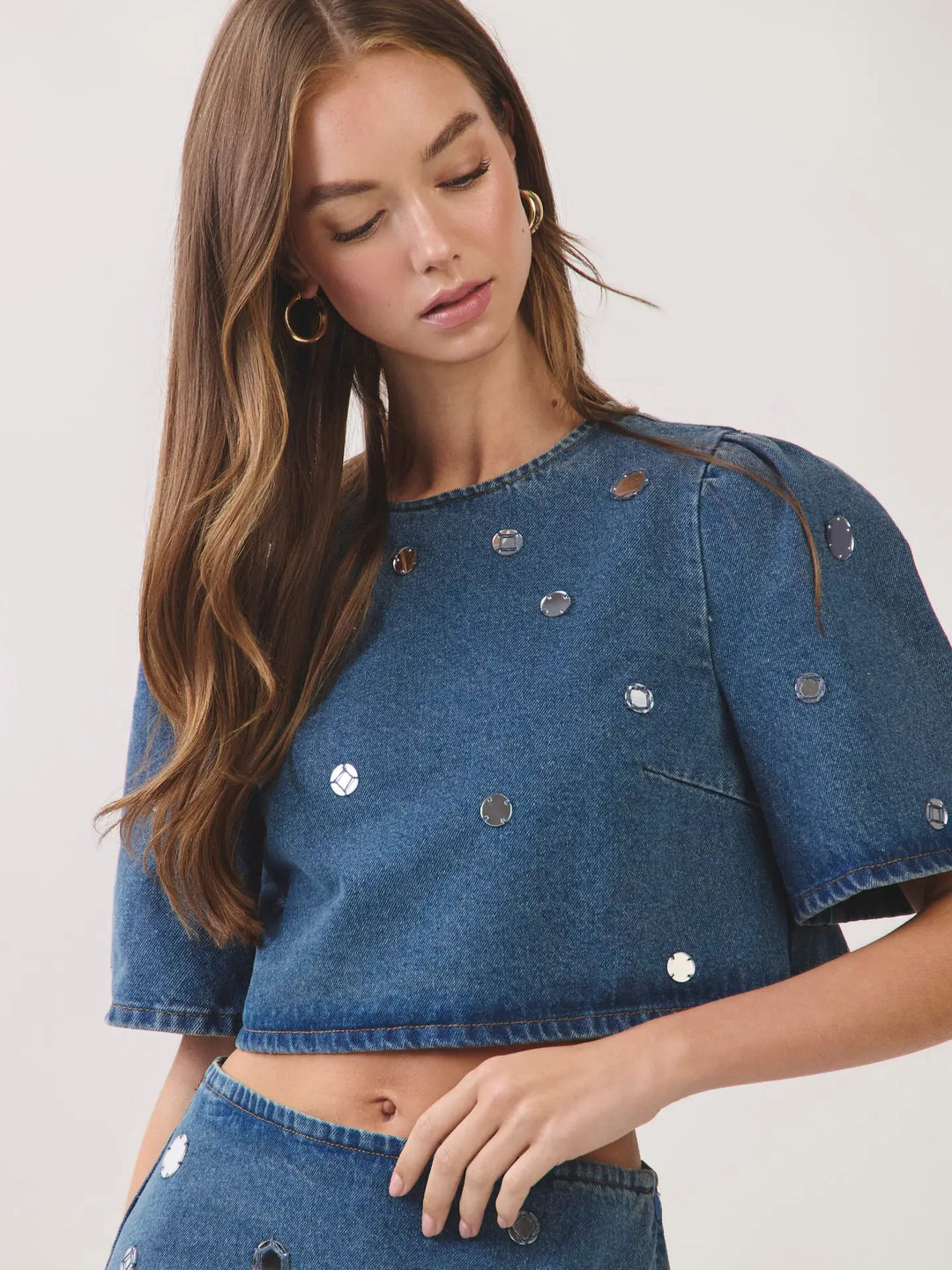 Embellished Denim Puff Sleeve Crop Top
