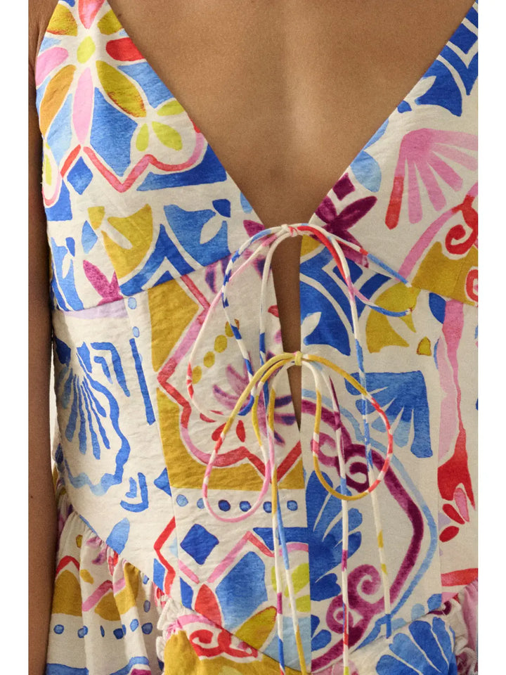 Tropical Floral-Print Ruffled Tie-Front Cami Romper