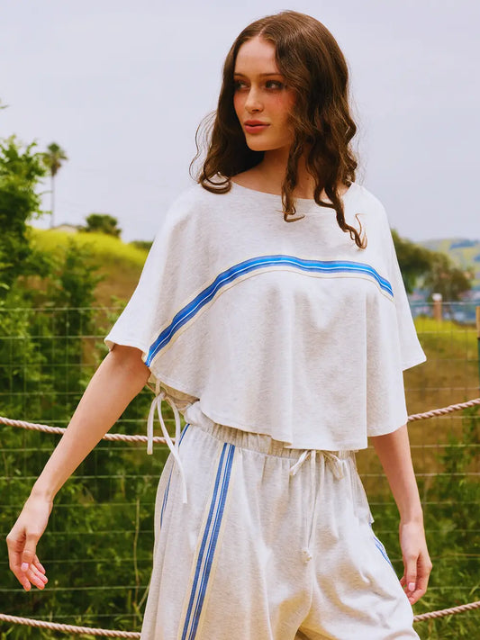 Tie Sleeves Stripe Trimmed Crop Top