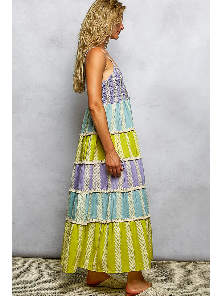 Shirred Ruffle Woven V-Neck Sleeveless Dress