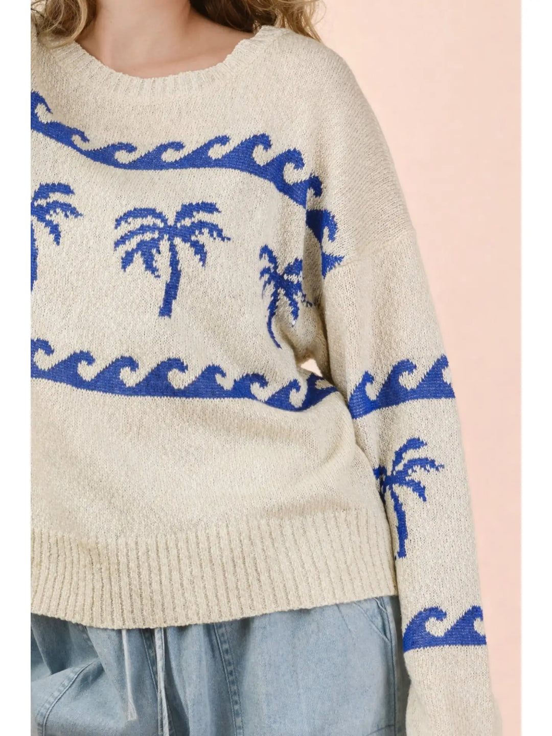 Palm Tree Wave Graphic Summer Knit Sweater Top