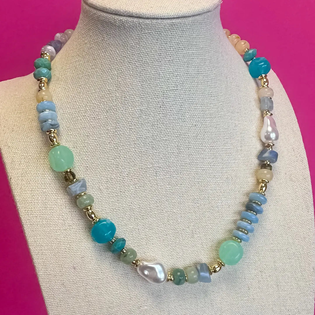 Mix Bead with Pearl Detail Necklace - Blue