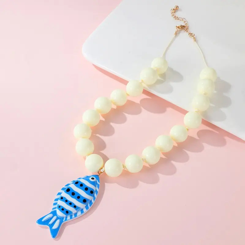 Blue/Cream Fish Pendant Beaded Necklace