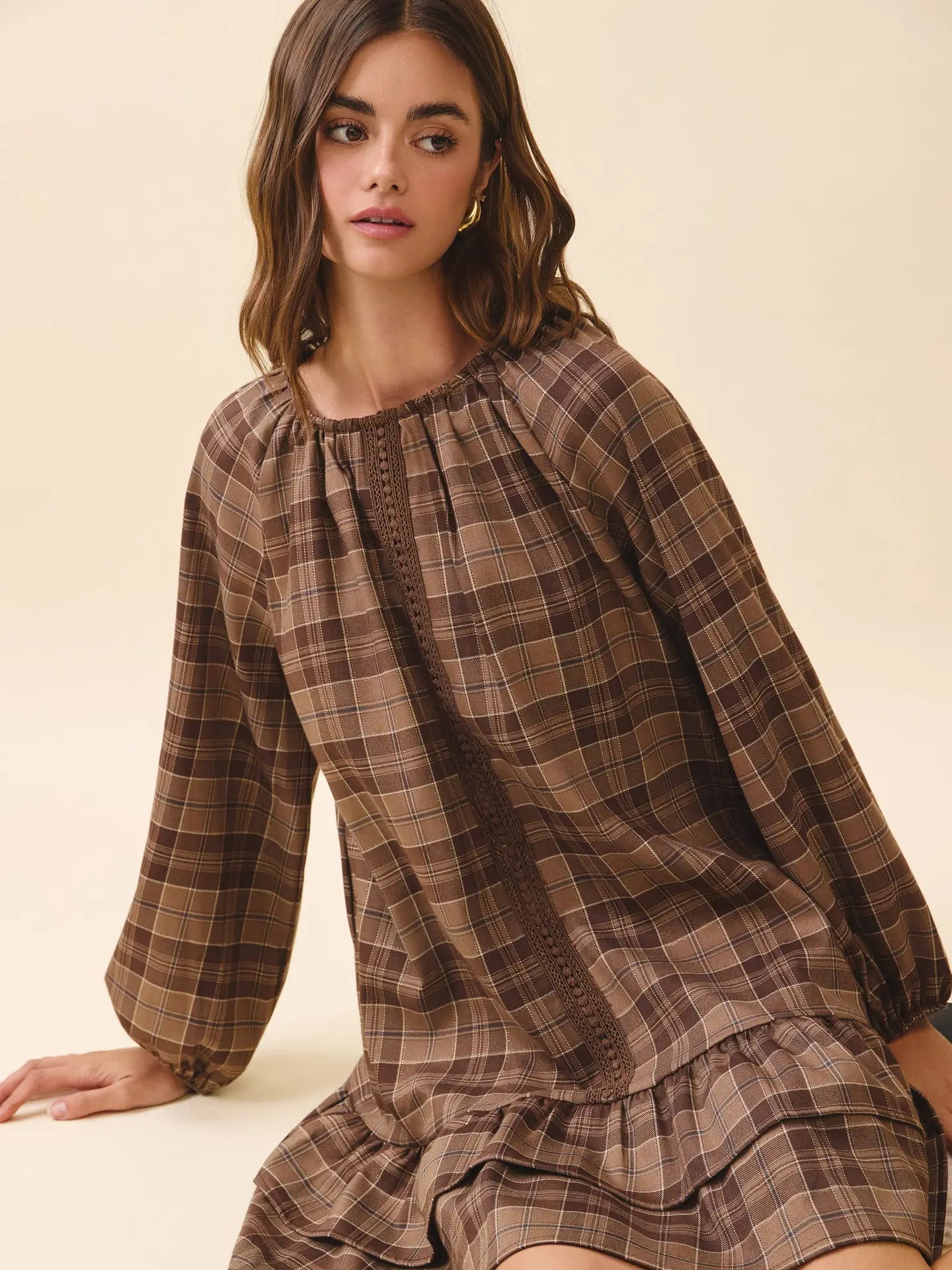 Plaid Tiered Ruffle Hem Lace Trim Detail Dress