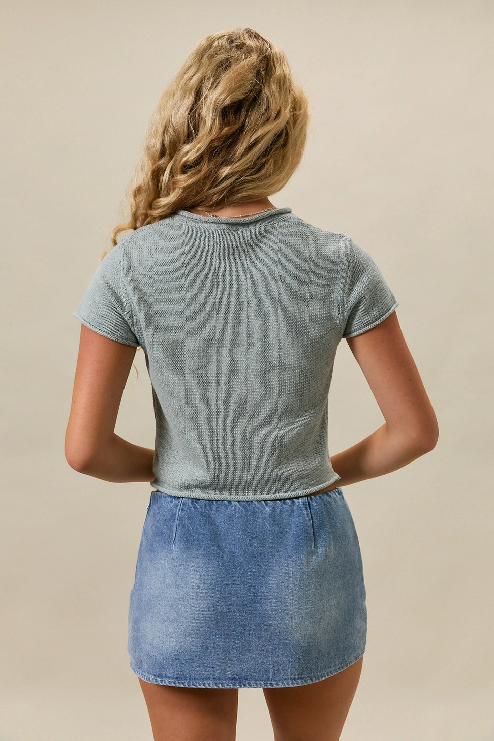 Cap Sleeve Round Neck Button Down Sweater Top