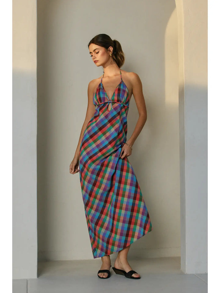 Vibrant Vines Triangle Top Halter Maxi Dress