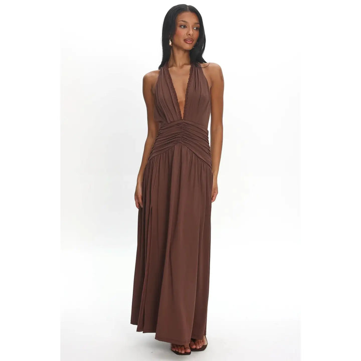 Plunge Halter Ruched Maxi Dress