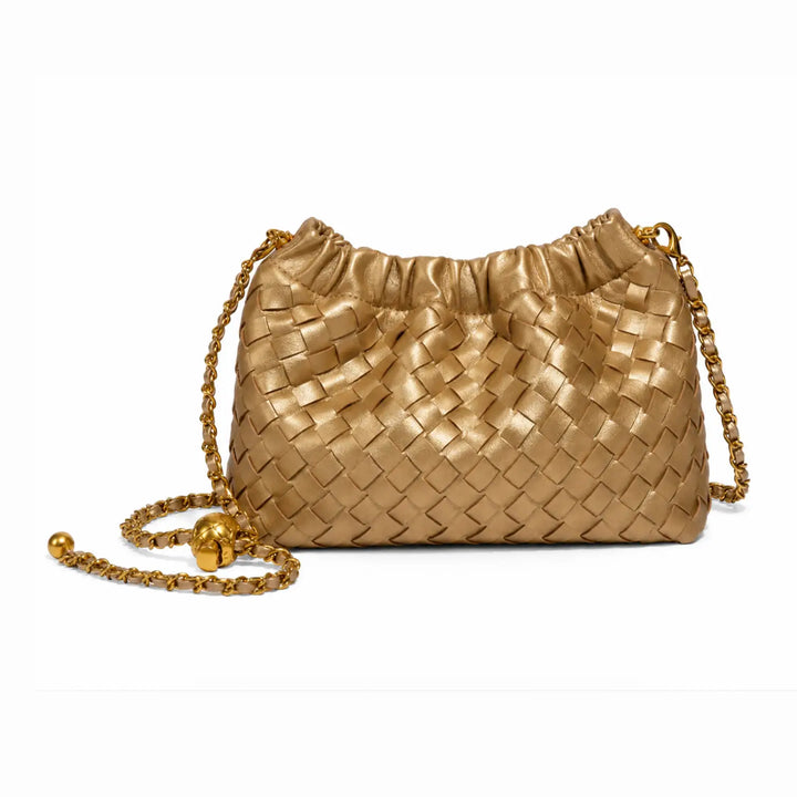 Golden Woven Vegan Leather Chain Shoulder Bag