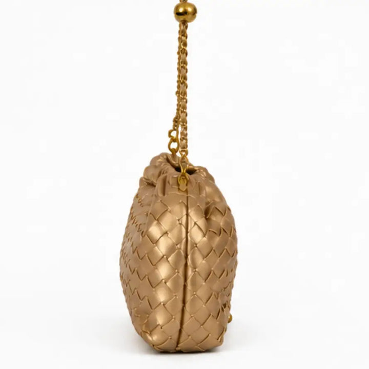 Golden Woven Vegan Leather Chain Shoulder Bag