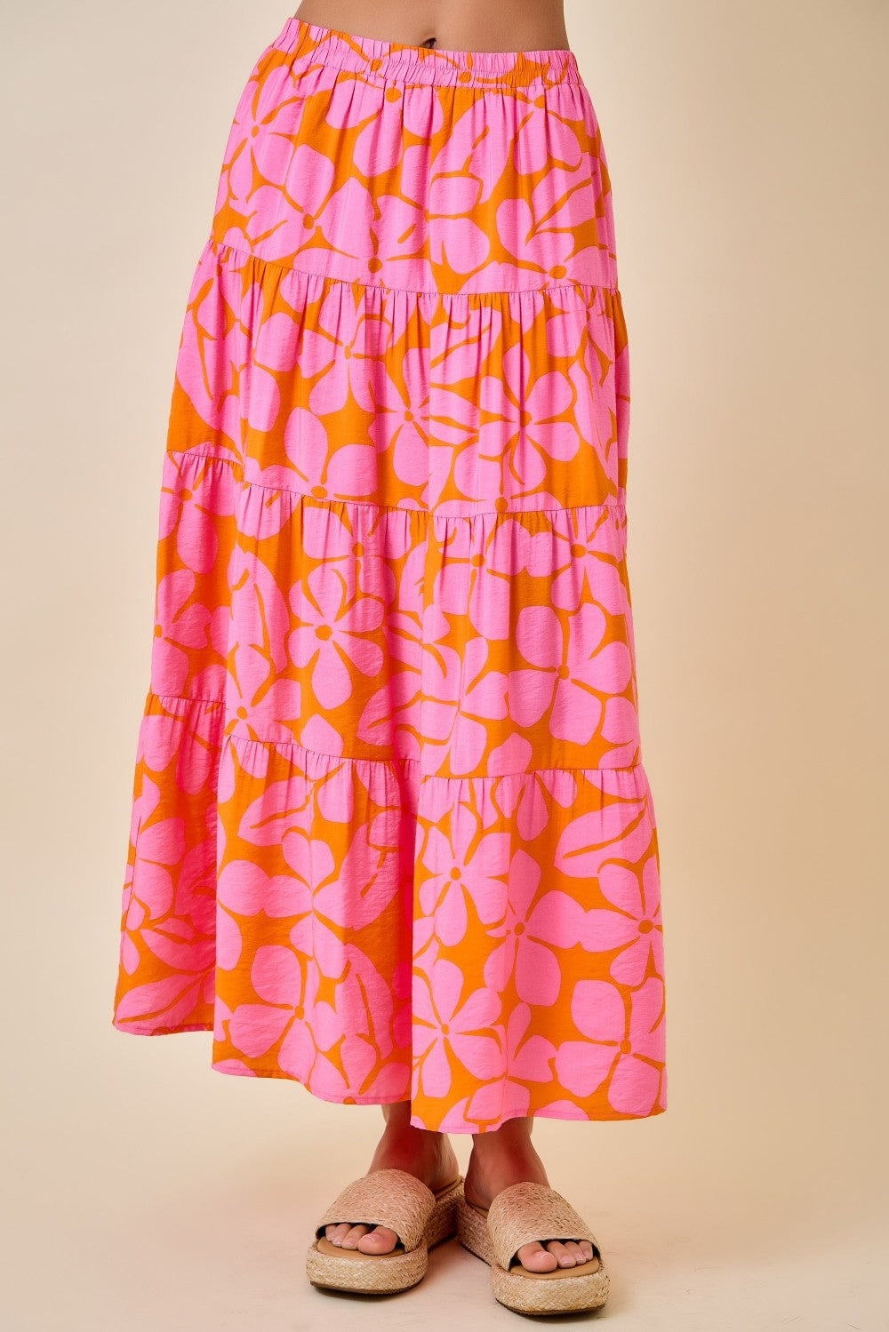 Floral Print Tiered Midi Maxi Long Skirt With Elastic Waist