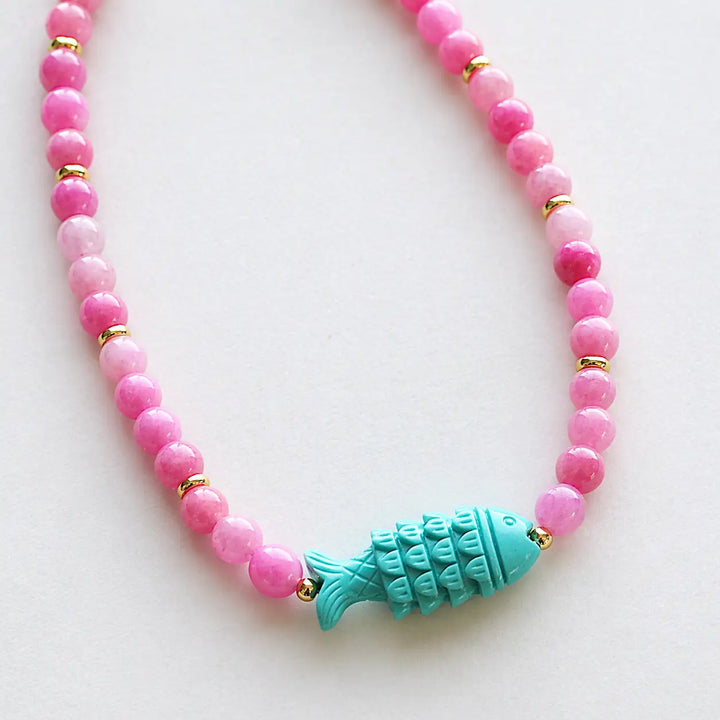 Pink & Turquoise Beaded Fish Necklace