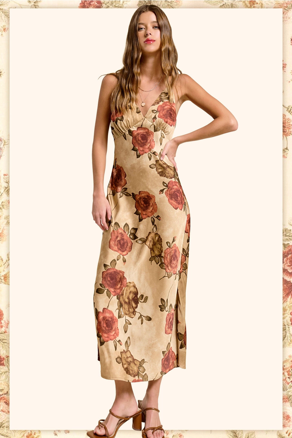 Floral Satin Midi Slip Dress