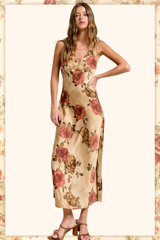 Floral Satin Midi Slip Dress