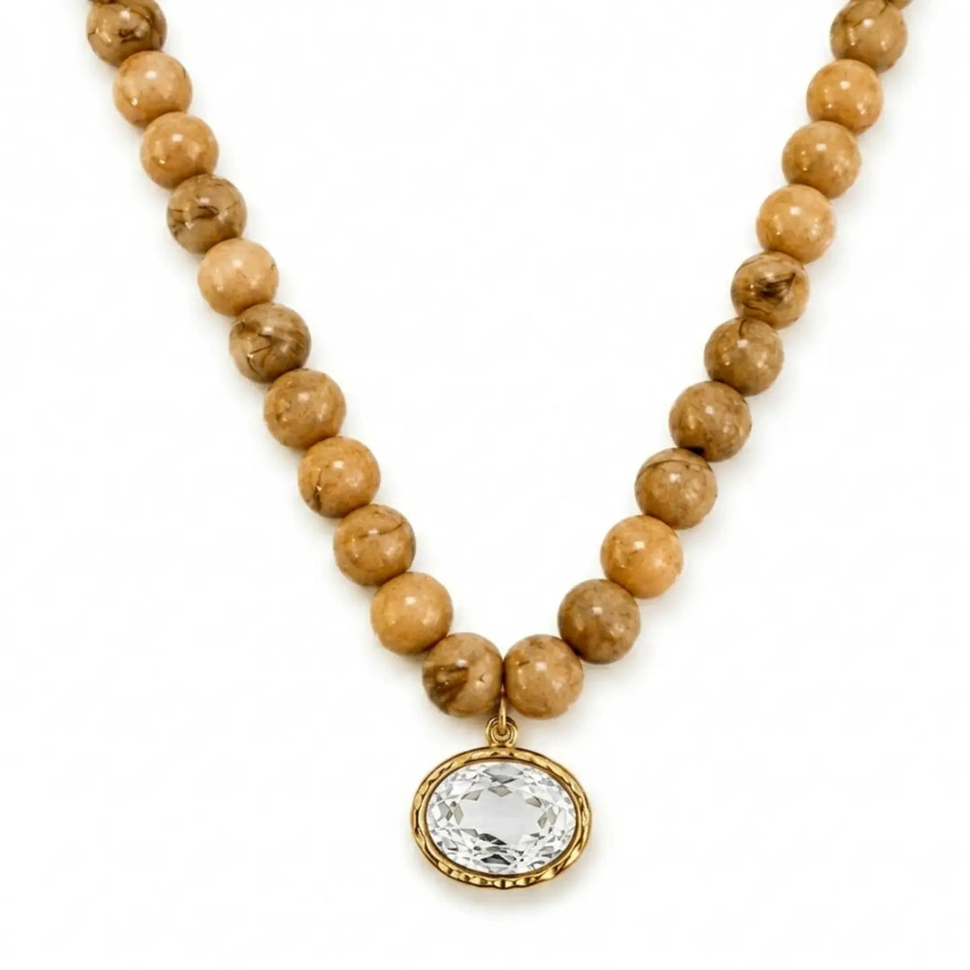 Light Brown Marbled Bead Glass Crystal Pendant Necklace
