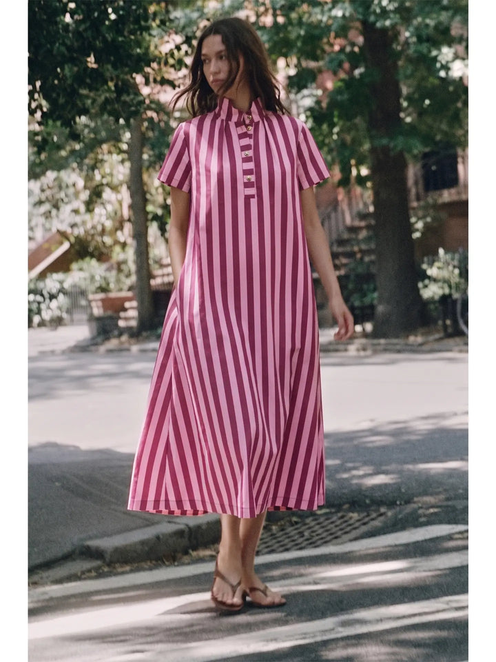 Stand High Neck Stripe Midi Dress
