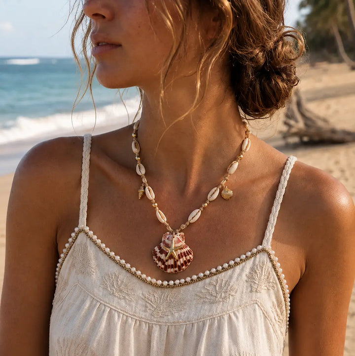 Beach Mode Coastal Starfish Shell Cord Necklace