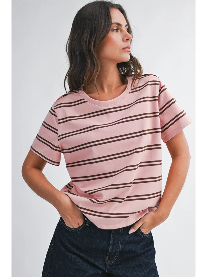 Pink/Brown Striped Boxy Short Sleeve Tee