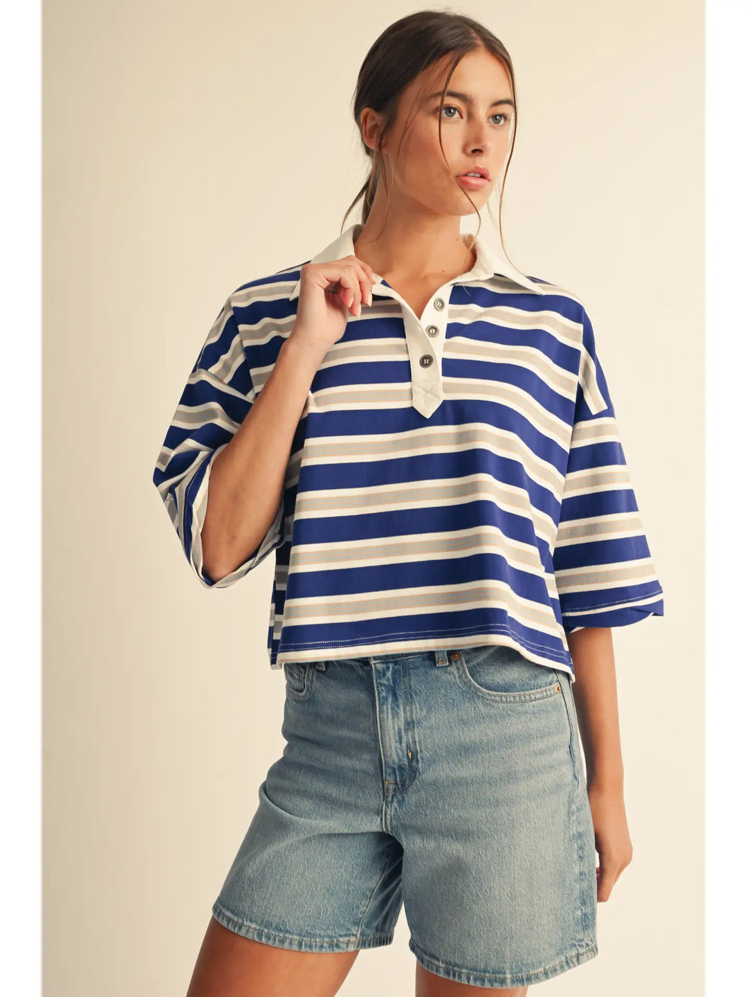Oversized Striped Rugby Polo Top Tee