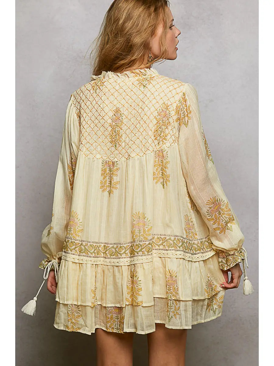 Bohemian Long Sleeve Floral Dress with Tassels | POL