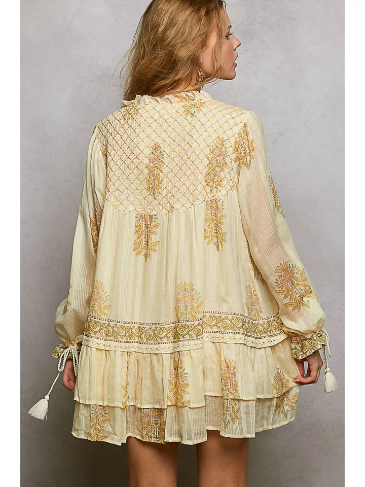Bohemian Long Sleeve Floral Dress with Tassels | POL