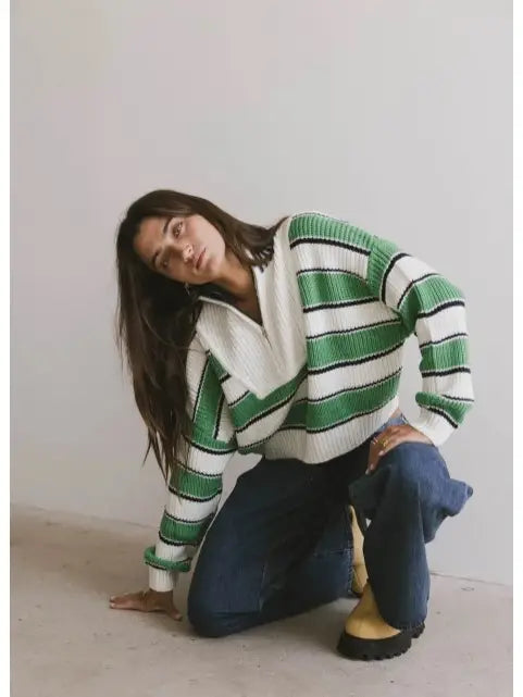 Preppy Color Block Half-Zip Striped Sweater-Green