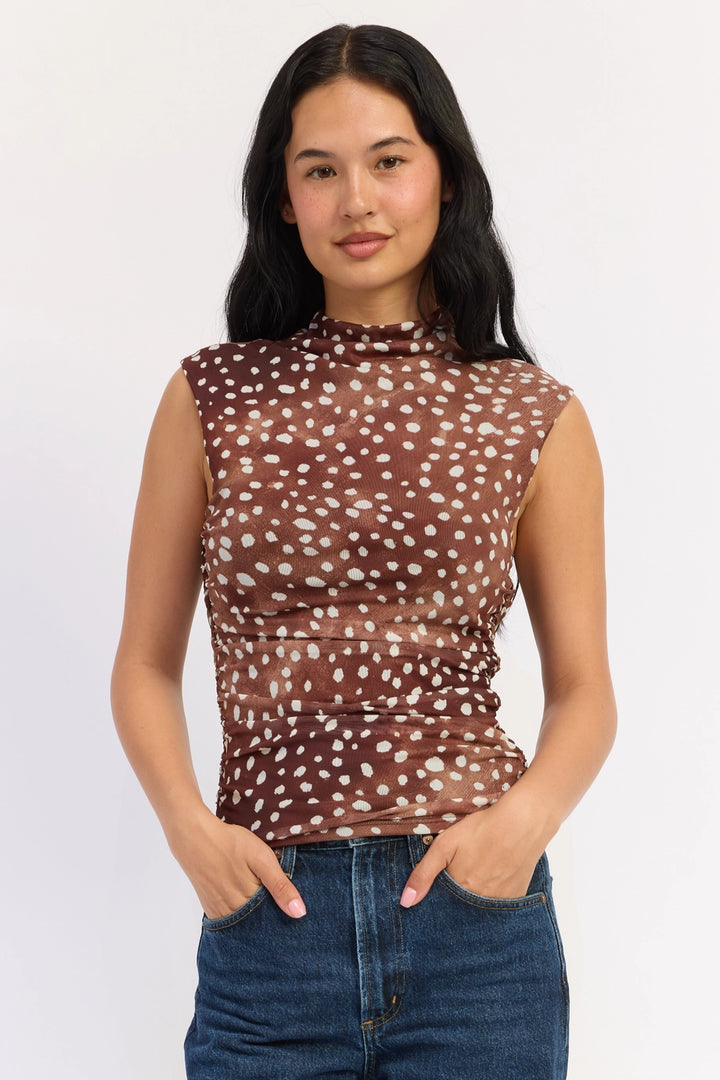 Sleeveless Fitted Mesh Fawn Print Top