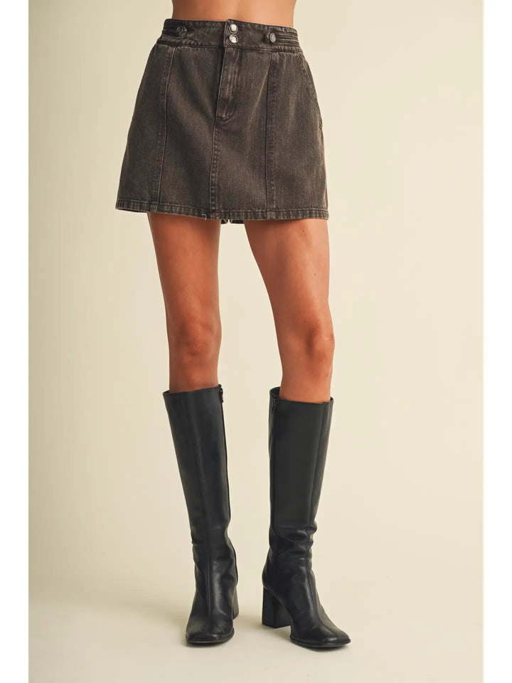 Double-Button Wide Waistband Denim Skort