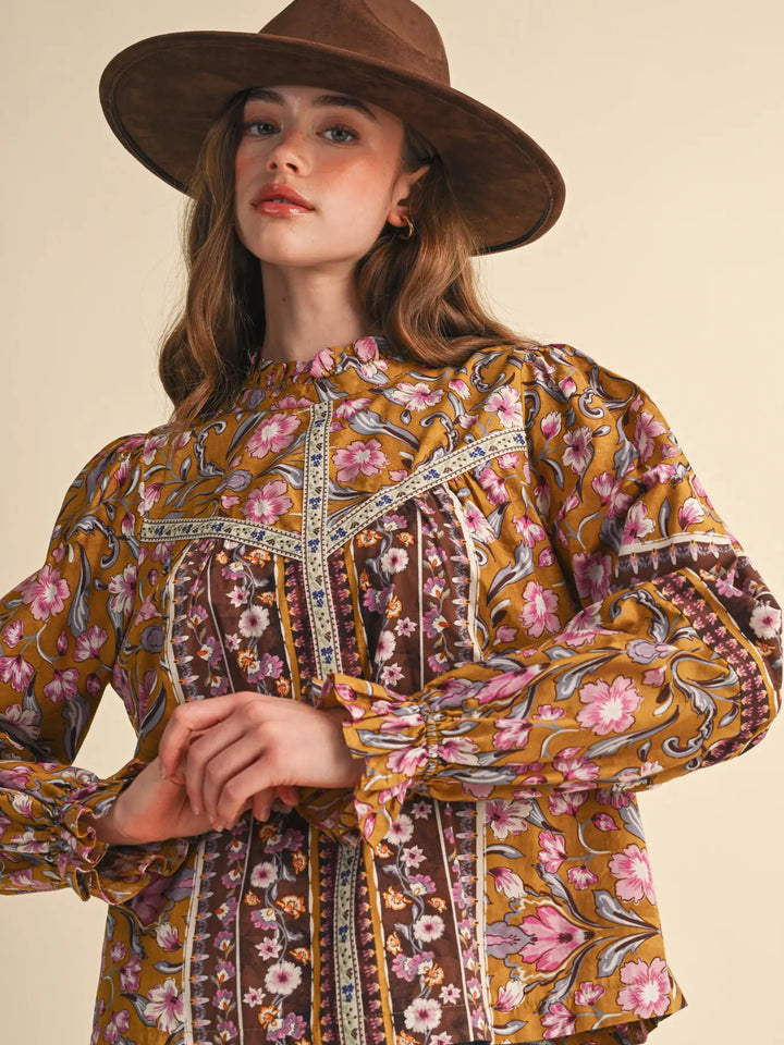 Floral Border Print Top with Floral Trim