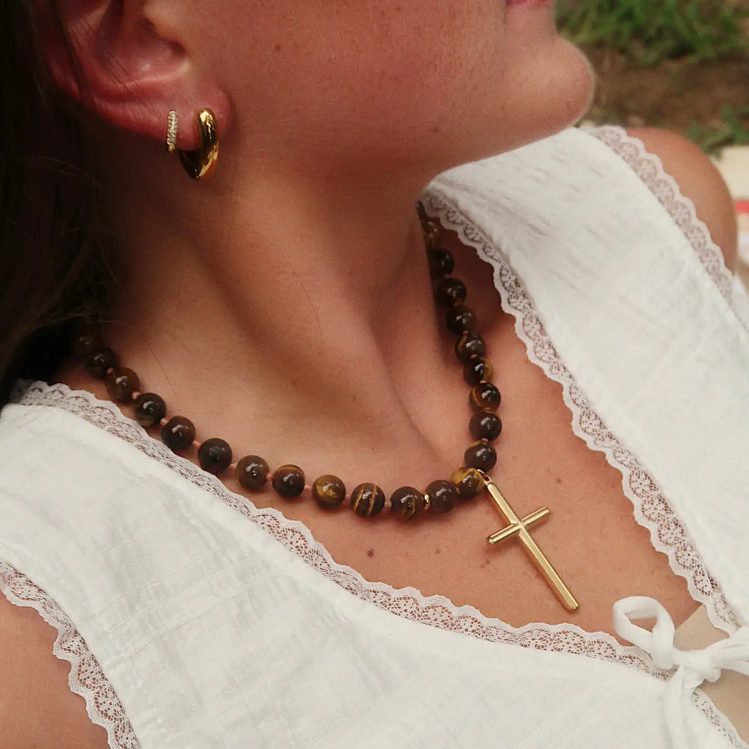 Conley Beaded Cross Necklace : Hypoallergenic and Water Resistant