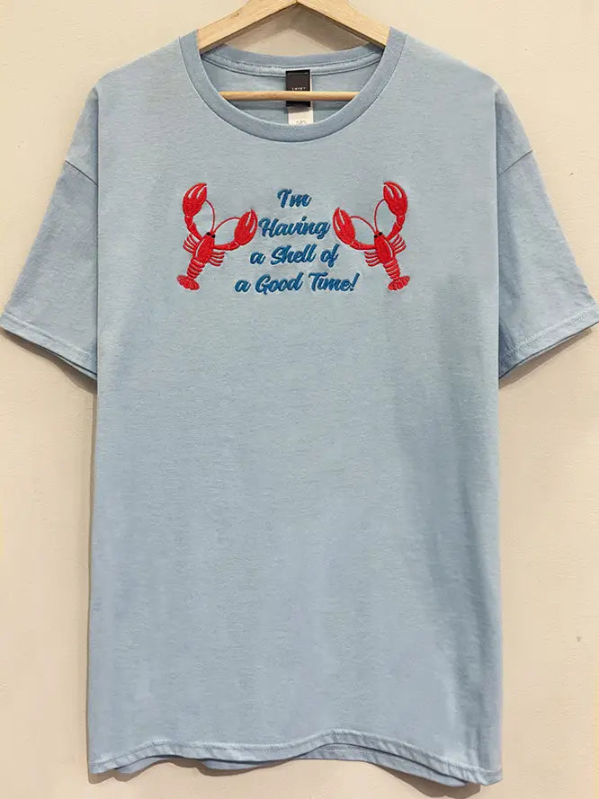 Nautical Lobsters Embroidered Blue T-Shirt