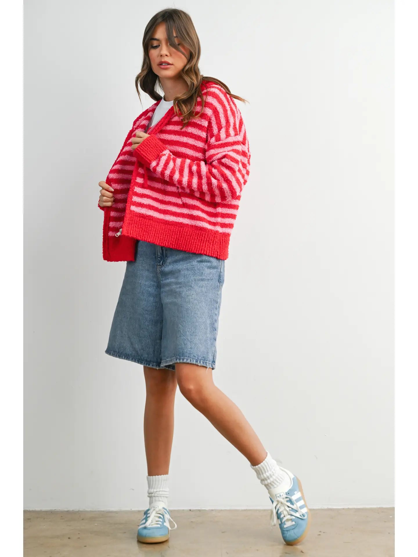 Striped Zip-Up Hooded Cardigan