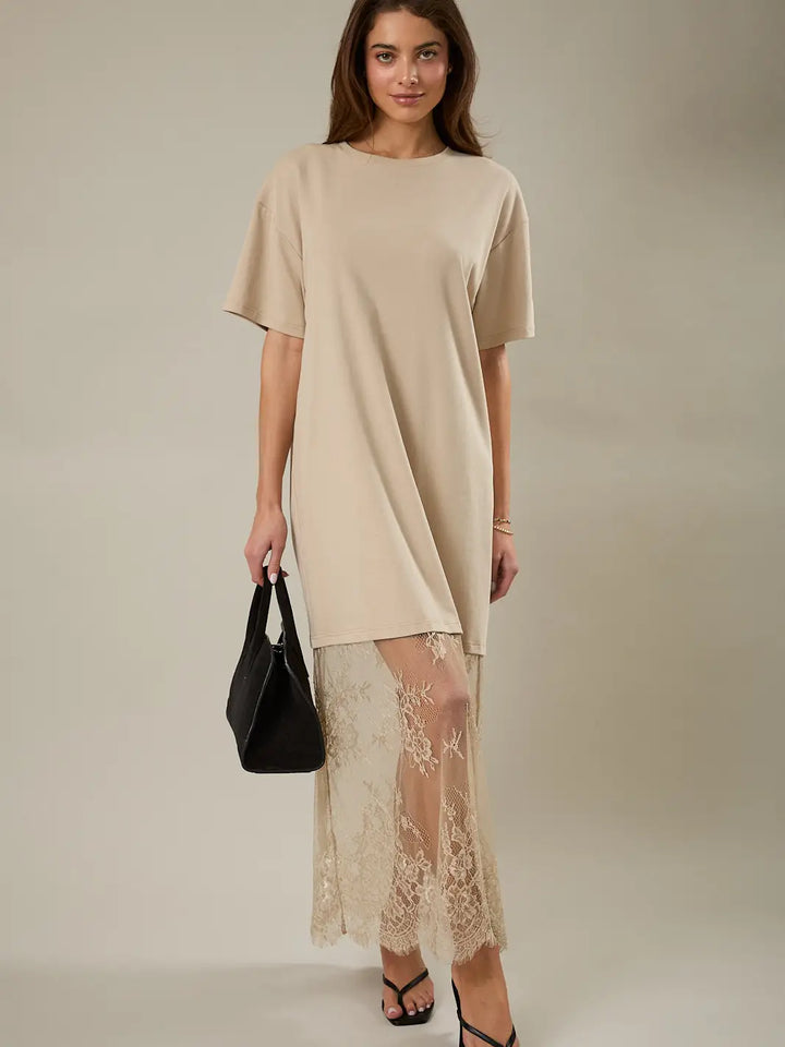 Round Neck Lace Joined T-Shirt Maxi Dress