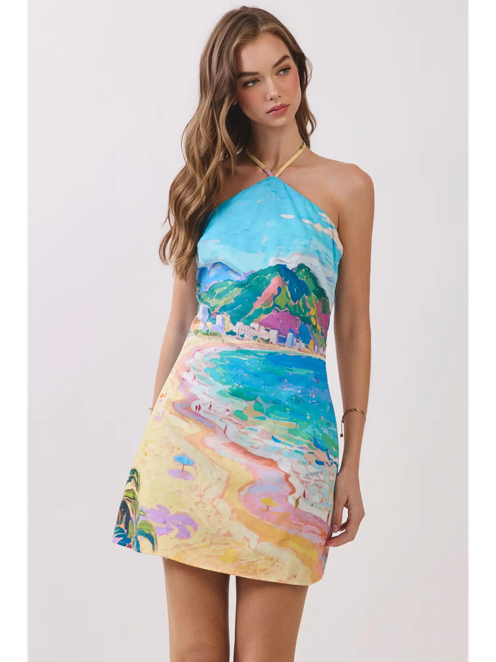 Coastal Scenic Print Halter Mini Dress