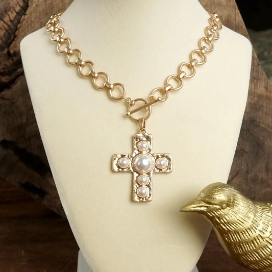 Primitive Cross Necklace – Worn Gold Tone