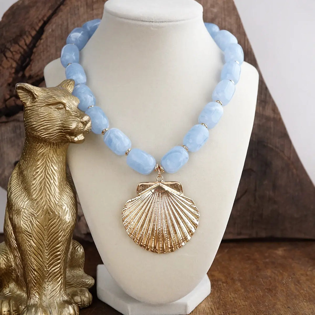 Powder Blue Golden Shoreline – Shell Pendant Beaded Necklace