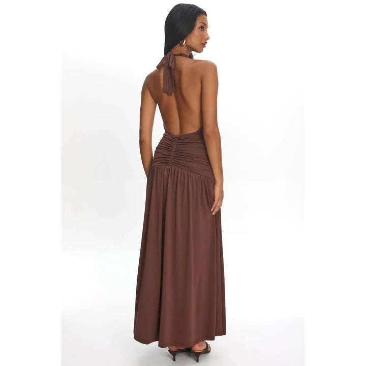 Plunge Halter Ruched Maxi Dress
