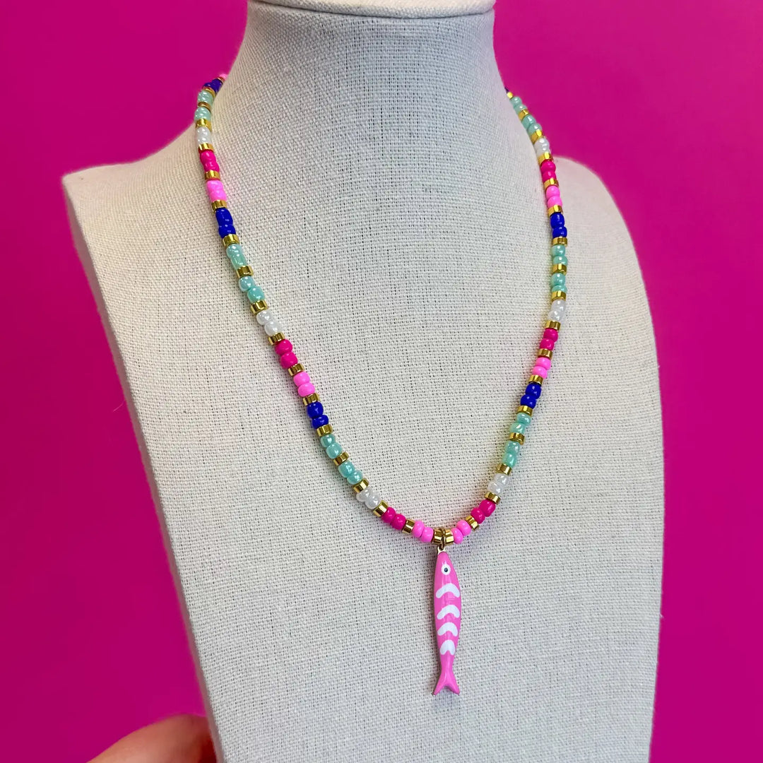 Multi Bead Fish Necklace - Pink
