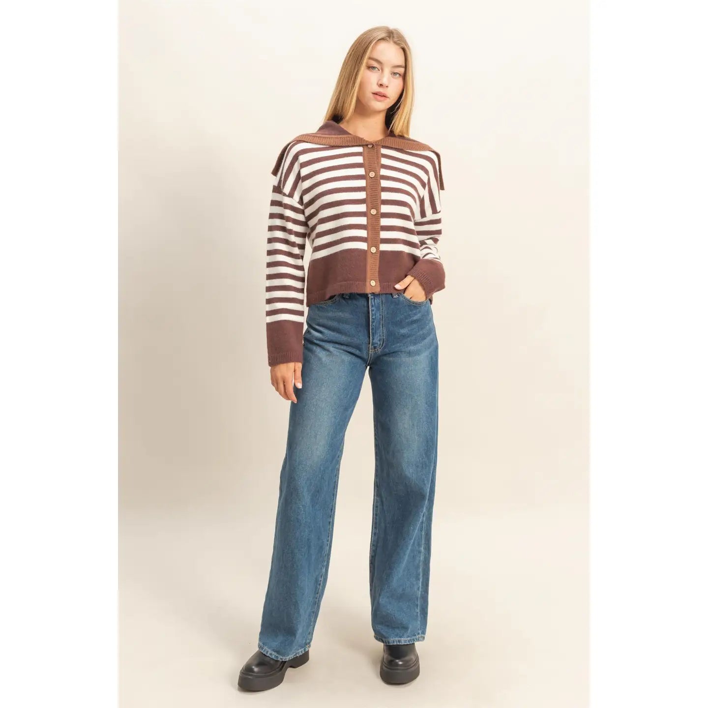 Striped Button-Up Sailor Collar Sweater