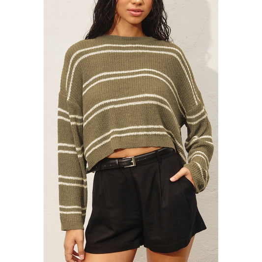 Double Striped Long Sleeve Open Knit Top