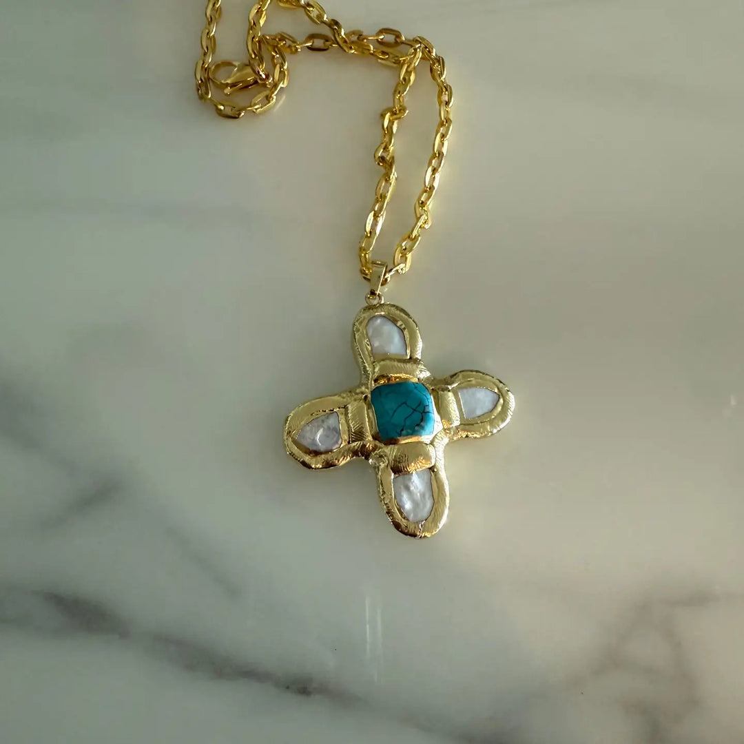 Pearl Cross Turquoise Pendant Necklace