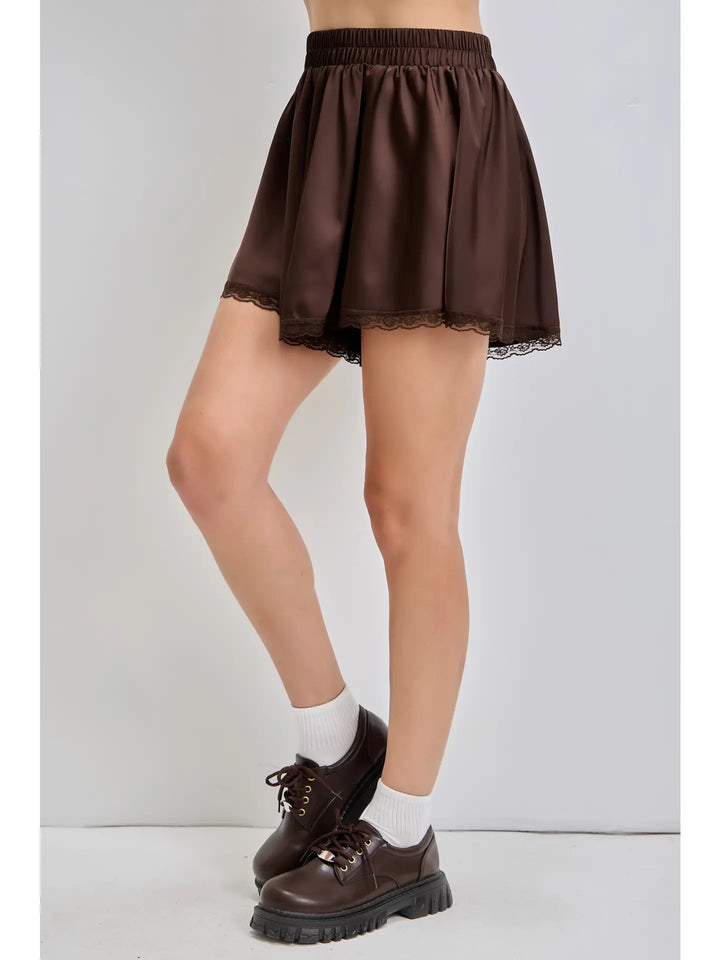 Lace Trim Elastic Waist Satin Mini Skort