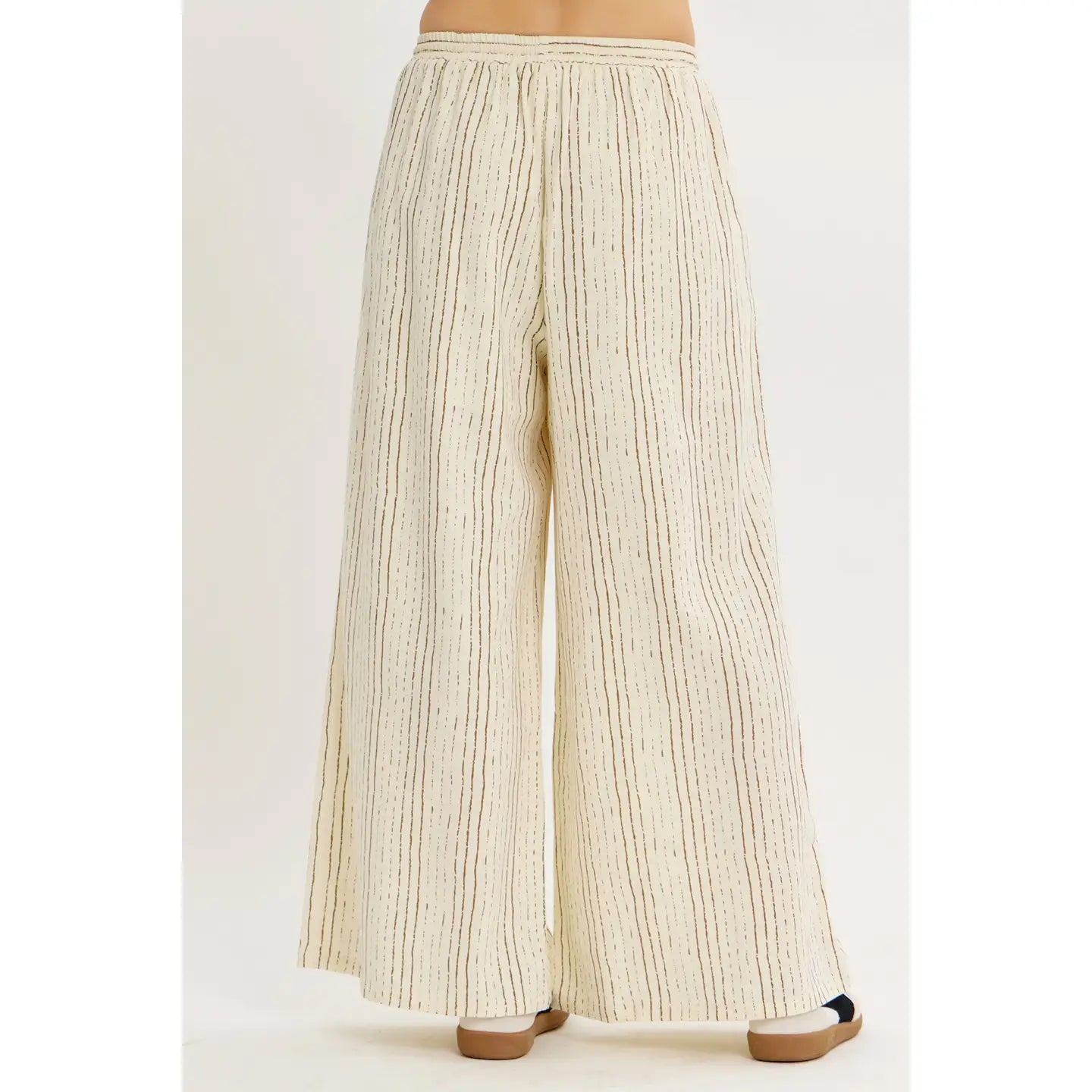 Brown Stripe Linen Blend Wide-Leg Pants
