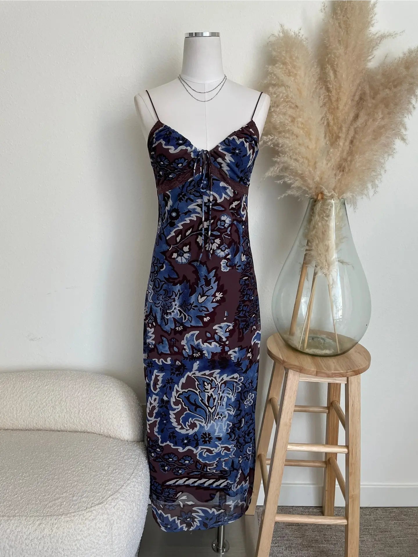 Lace Trim Midi Mesh Dress with Slit