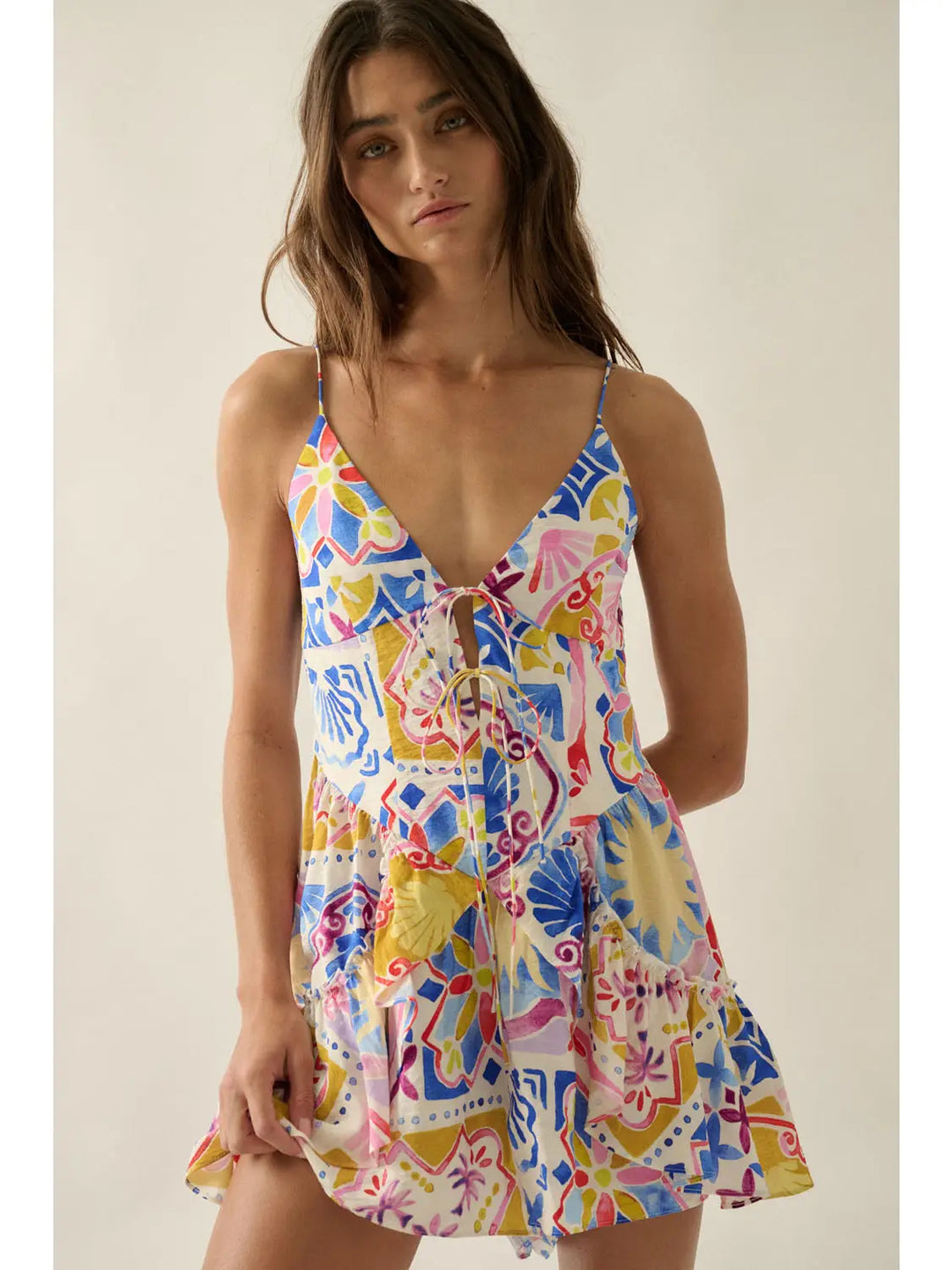 Tropical Floral-Print Ruffled Tie-Front Cami Romper