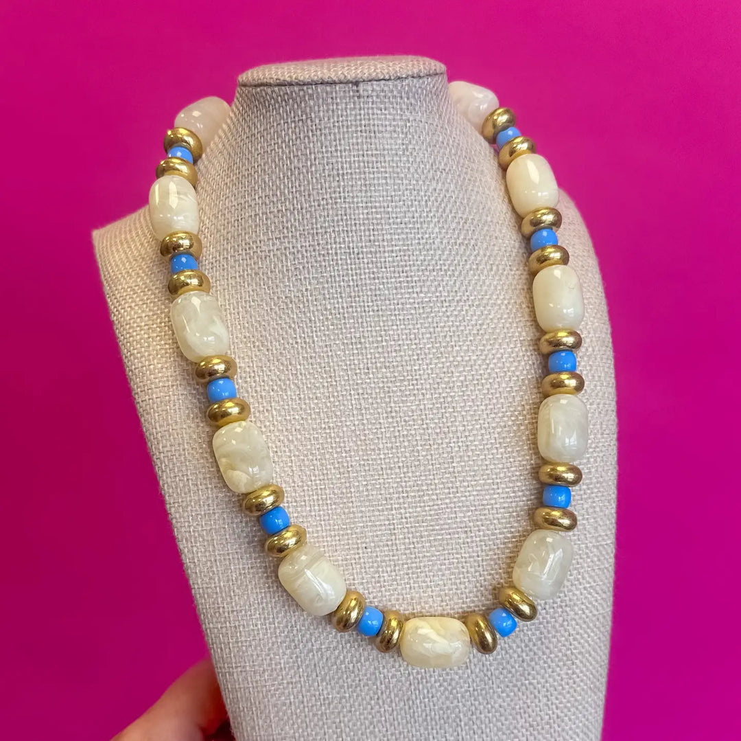 Statement Necklace - Chunky Beads - Ivory and Blue